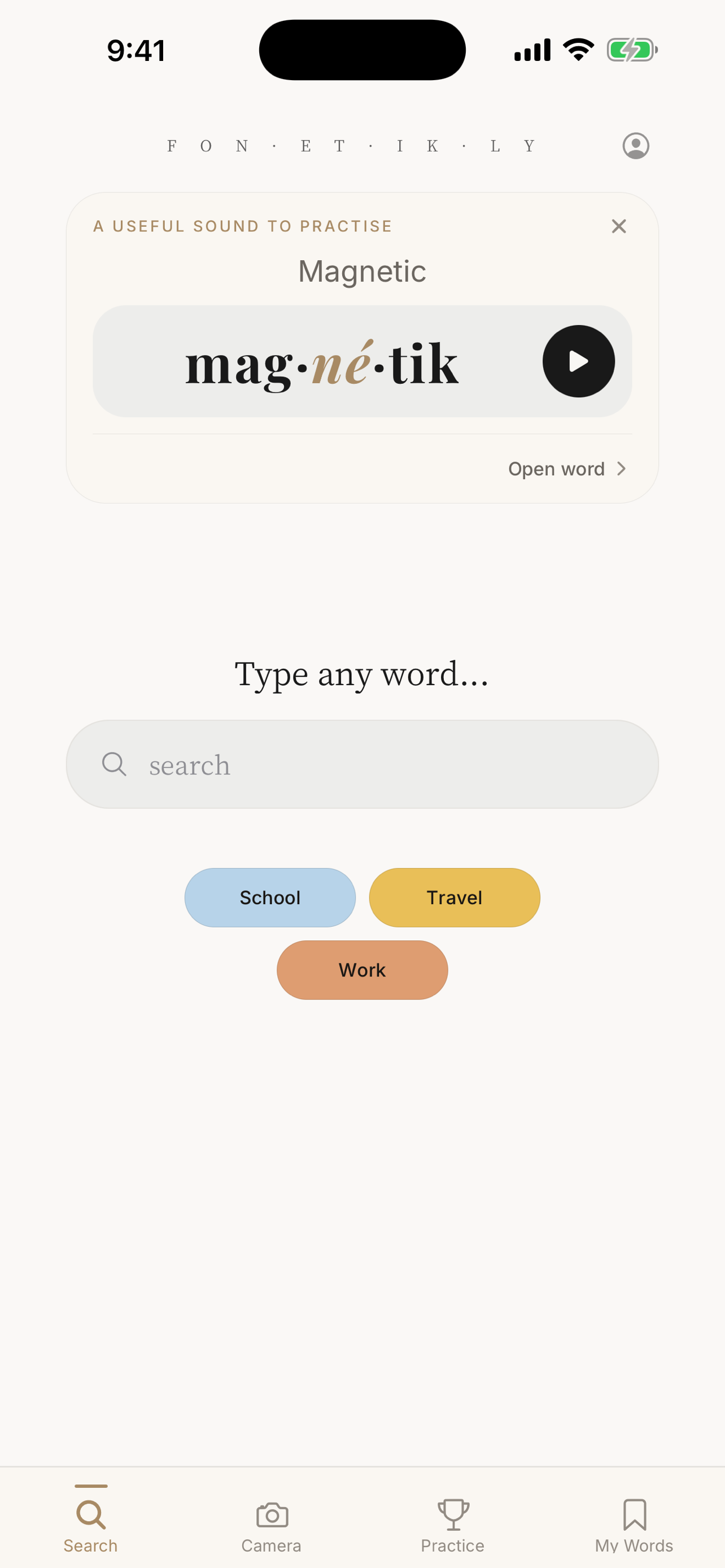 Fonetikly home screen with pronunciation search